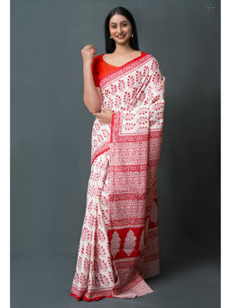 Unnati Silks - Red Pure Block Printed Superfine Mulmul Cotton Saree with Unstitched Blouse