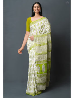 Unnati Silks - Green Pure Block Printed Superfine Mulmul Cotton Saree with Unstitched Blouse
