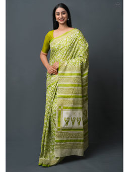 Unnati Silks - Green Pure Block Printed Superfine Mulmul Cotton Saree with Unstitched Blouse