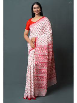 Unnati Silks - Red Pure Block Printed Superfine Mulmul Cotton Saree with Unstitched Blouse