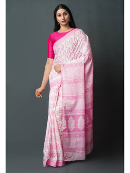 Unnati Silks - Pink Pure Block Printed Superfine Mulmul Cotton Saree with Unstitched Blouse