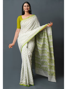 Unnati Silks - Green Pure Block Printed Superfine Mulmul Cotton Saree with Unstitched Blouse