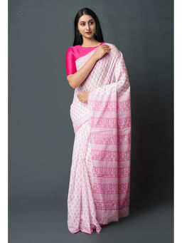 Unnati Silks - Pink Pure Block Printed Superfine Mulmul Cotton Saree with Unstitched Blouse