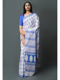 Unnati Silks - Blue Pure Block Printed Superfine Mulmul Cotton Saree with Unstitched Blouse