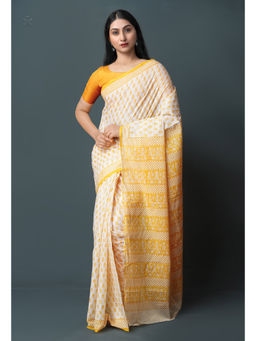 Unnati Silks - Yellow Pure Block Printed Superfine Mulmul Cotton Saree with Unstitched Blouse