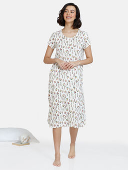Zivame - Color Me Happy Knit Cotton Mid Length Nightdress - Egret