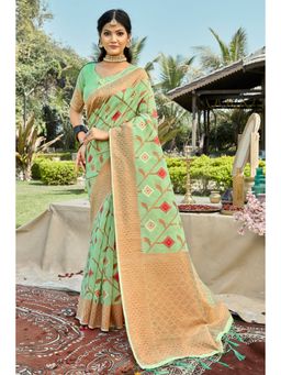 EXCLUSIVA - Sea Green Cotton Saree with Unstitched Blouse