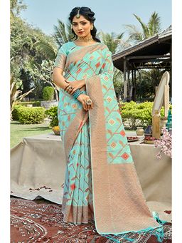 EXCLUSIVA - Blue Cotton Saree with Unstitched Blouse
