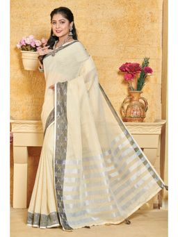 EXCLUSIVA - Off White Linen Saree with Unstitched Blouse