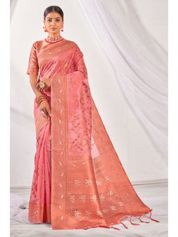 EXCLUSIVA - Pink Organza Saree with Unstitched Blouse