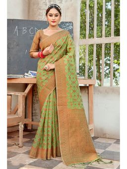 EXCLUSIVA - Green Organza Saree with Unstitched Blouse