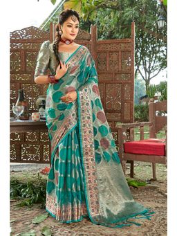EXCLUSIVA - Blue Organza Saree with Unstitched Blouse