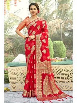 EXCLUSIVA - Red Organza Saree with Unstitched Blouse