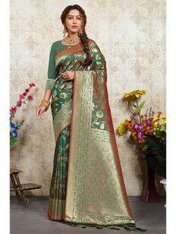 EXCLUSIVA - Green Silk Saree with Unstitched Blouse