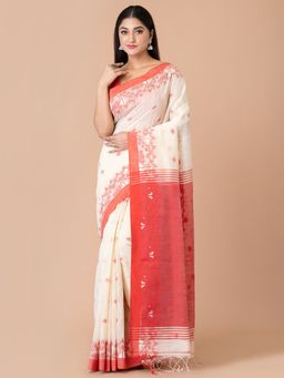 LAA CALCUTTA - Off White & Red cotton Silk handloom saree with Unstitched Blouse