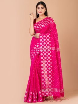 LAA CALCUTTA - Pink & Silver cotton silk handloom saree with Unstitched Blouse