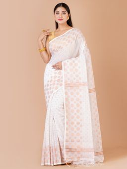 LAA CALCUTTA - White & Copper cotton silk handloom saree with Unstitched Blouse