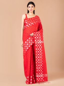 LAA CALCUTTA - Red & Silver cotton silk handloom saree with Unstitched Blouse