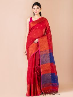 LAA CALCUTTA - Maroon & Blue cotton silk handloom saree with Unstitched Blouse