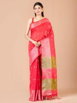 LAA CALCUTTA - Pink & Green cotton silk handloom saree with Unstitched Blouse