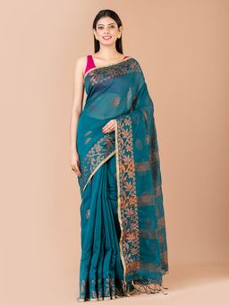 LAA CALCUTTA - Green & Copper cotton silk handloom saree with Unstitched Blouse