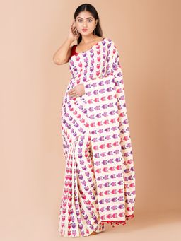 LAA CALCUTTA - Off White & Violet cotton handloom saree with Unstitched Blouse