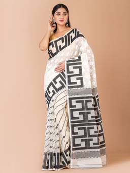 LAA CALCUTTA - White & Black cotton Jamdani Saree with Unstitched Blouse