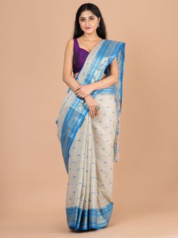 LAA CALCUTTA - Beige and Blue Cotton Tant Saree