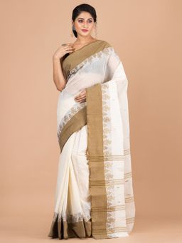LAA CALCUTTA - Off White and Brown Pure Cotton Tant Saree