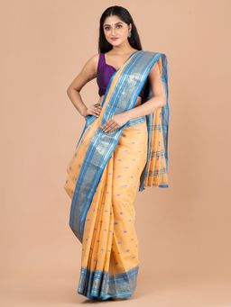LAA CALCUTTA - Beige and Blue Pure Cotton Tant Saree