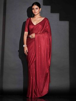Tikhi Imli - Ready To Wear Red Embellished Lycra Saree with Unstitched Blouse