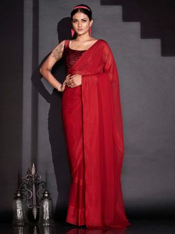 Tikhi Imli - Ready To Wear Red Striped Georgette Saree with Unstitched Blouse