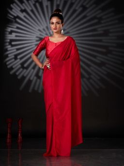 Tikhi Imli - Ready To Wear Red Solid Polyester Saree with Unstitched Blouse
