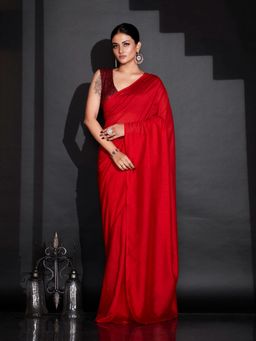 Tikhi Imli - Ready To Wear Red Solid Polyester Saree with Unstitched Blouse