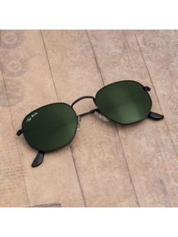 TED SMITH - Unisex Glass UV Protection Green Lens Black Hexagonal Sunglasses