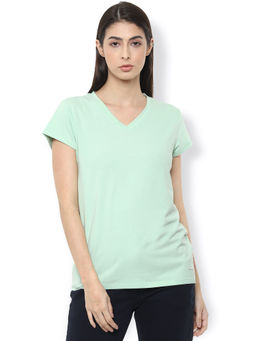 Van Heusen - Women Green Solid Casual V-Neck T-Shirt