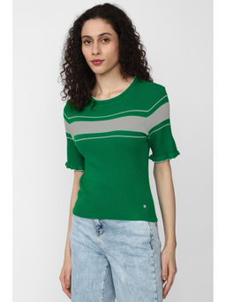 Van Heusen - Women Green Stripes Casual Round Neck Top