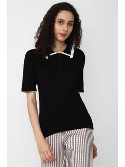 Van Heusen - Women Black Solid Casual Polo Neck Top