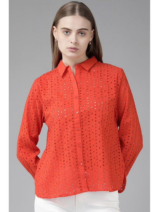 van heusen orange dress shirt Buy Van Heusen Women Orange Self Design Long Sleeves Casual Shirt Online