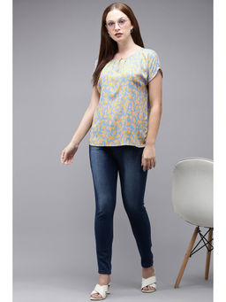 Van Heusen - Women Blue Print Casual Keyhole Neck Top