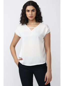 Van Heusen - Women White Solid Casual V-Neck Top