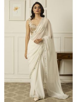 PEELI DORI - White Meenakshi Georgette Saree with Stitched Blouse