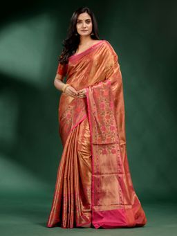 CHARUKRITI - Peach Pure Silk Handwoven Soft Saree with Unstitched Blouse
