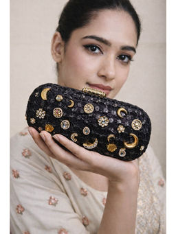 BOXWISH BY BHUMIKA - Jhaali Kundan Embroidered Box Pouch For Women - Black