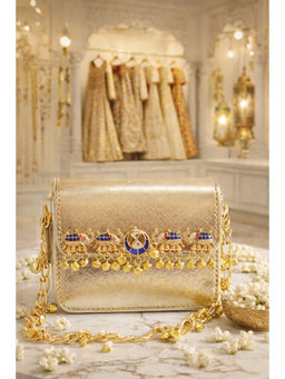 BOXWISH BY BHUMIKA - Metallic Mini Kundan Ethnic Embellished Hand Bag - Blue