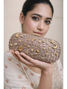 BOXWISH BY BHUMIKA - Jhaali Kundan Embroidered Box Pouch For Women - Nude