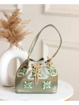 BOXWISH BY BHUMIKA - Stylish Green Crystal Embellished Potli Bag - Green