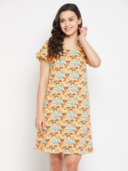 Clovia - Graphic Print Short Night Dress in Yellow Pure Cotton