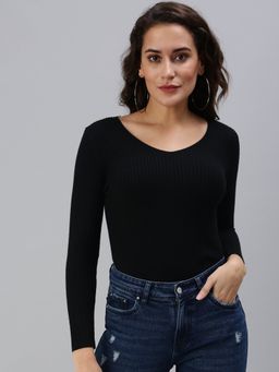 SHOWOFFFF - Women's Solid Regular Black V-neck Top