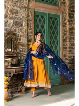 GAYRAA - Mustard Solid Gota Anarkali, Pant and Dupatta (Set of 3)